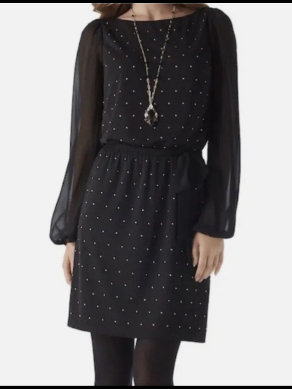 White House Black Market Black Long-Sleeve Sheer Sleeve Pearl-Studded Dress